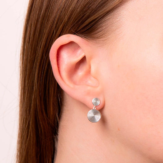 Double Spiral Disc Drop Sterling Silver Earrings White Gold Double Spiral Disc Drop Sterling Silver Earrings White Gold