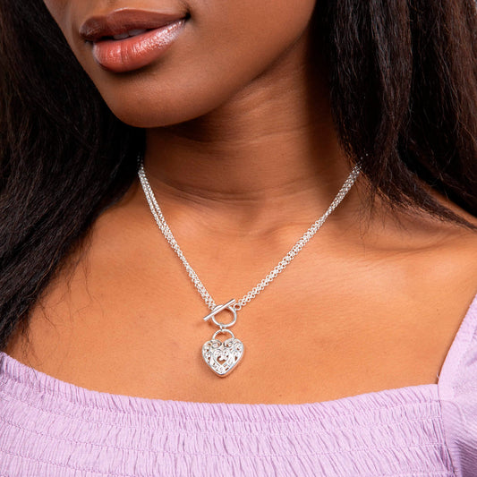 Laced Filigree Heart Double Chain T-Bar Sterling Silver Necklace White Gold Laced Filigree Heart Double Chain T-Bar Sterling Silver Necklace White Gold