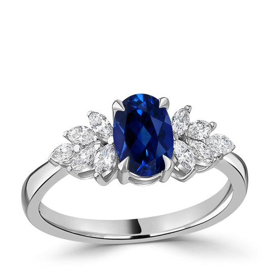 1.00ct Blue Sapphire and 0.30ct Diamond Cluster Foliole Engagement Ring White Gold 1.00ct Blue Sapphire and 0.30ct Diamond Cluster Foliole Engagement Ring White Gold