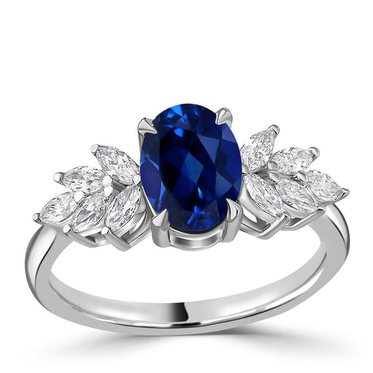 1.50ct Blue Sapphire and 0.40ct Diamond Cluster Foliole Engagement Ring White Gold 1.50ct Blue Sapphire and 0.40ct Diamond Cluster Foliole Engagement Ring White Gold