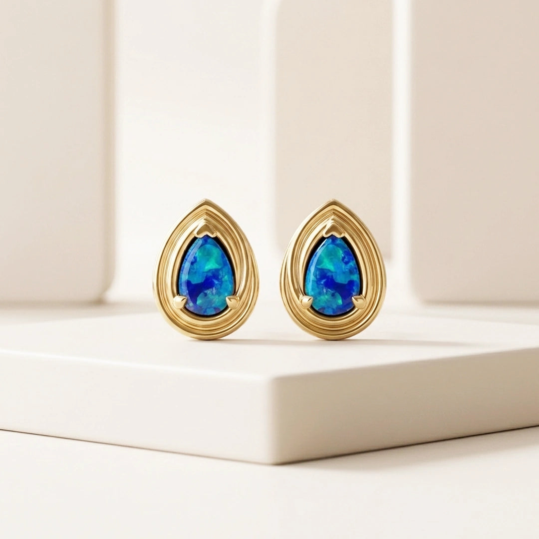9ct Yellow Gold Opal Doublet Pear Shaped Stud Earrings