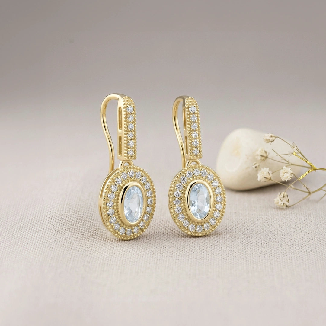 9ct Yellow Gold Halo Moonstone and White Topaz Drop Earrings