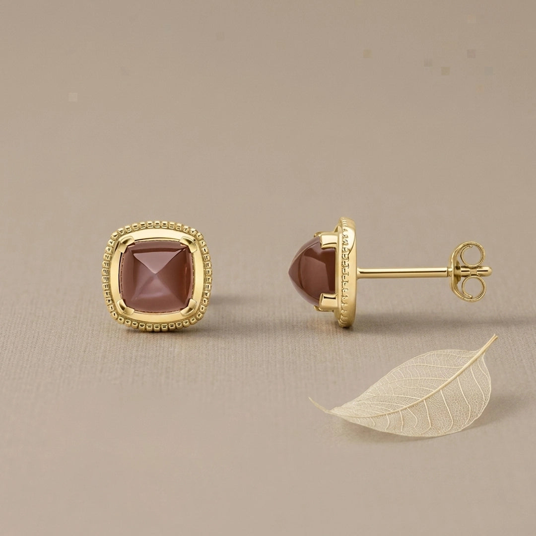 9ct Yellow Gold Sugarloaf Cut Chocolate Moonstone Stud Earrings