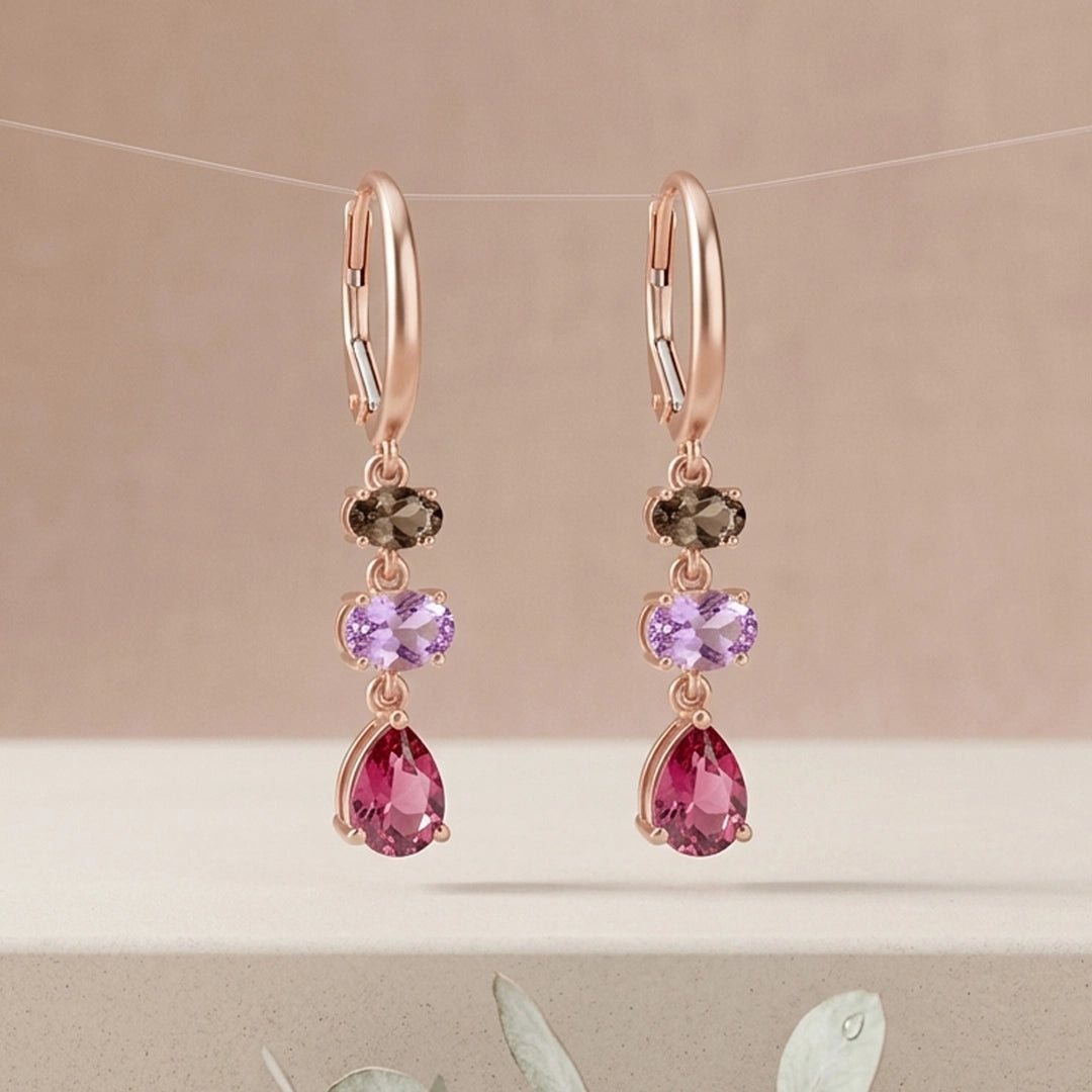 9ct Rose Gold Multi Precious Stones French Hook Drop Earrings