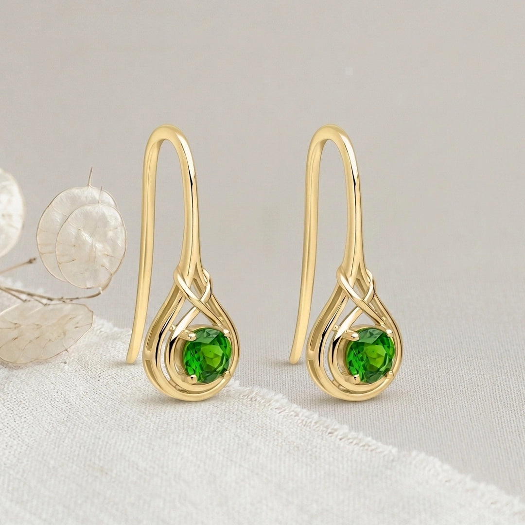 9ct Yellow Gold Celtic Knot Green Diopside Hook Earrings