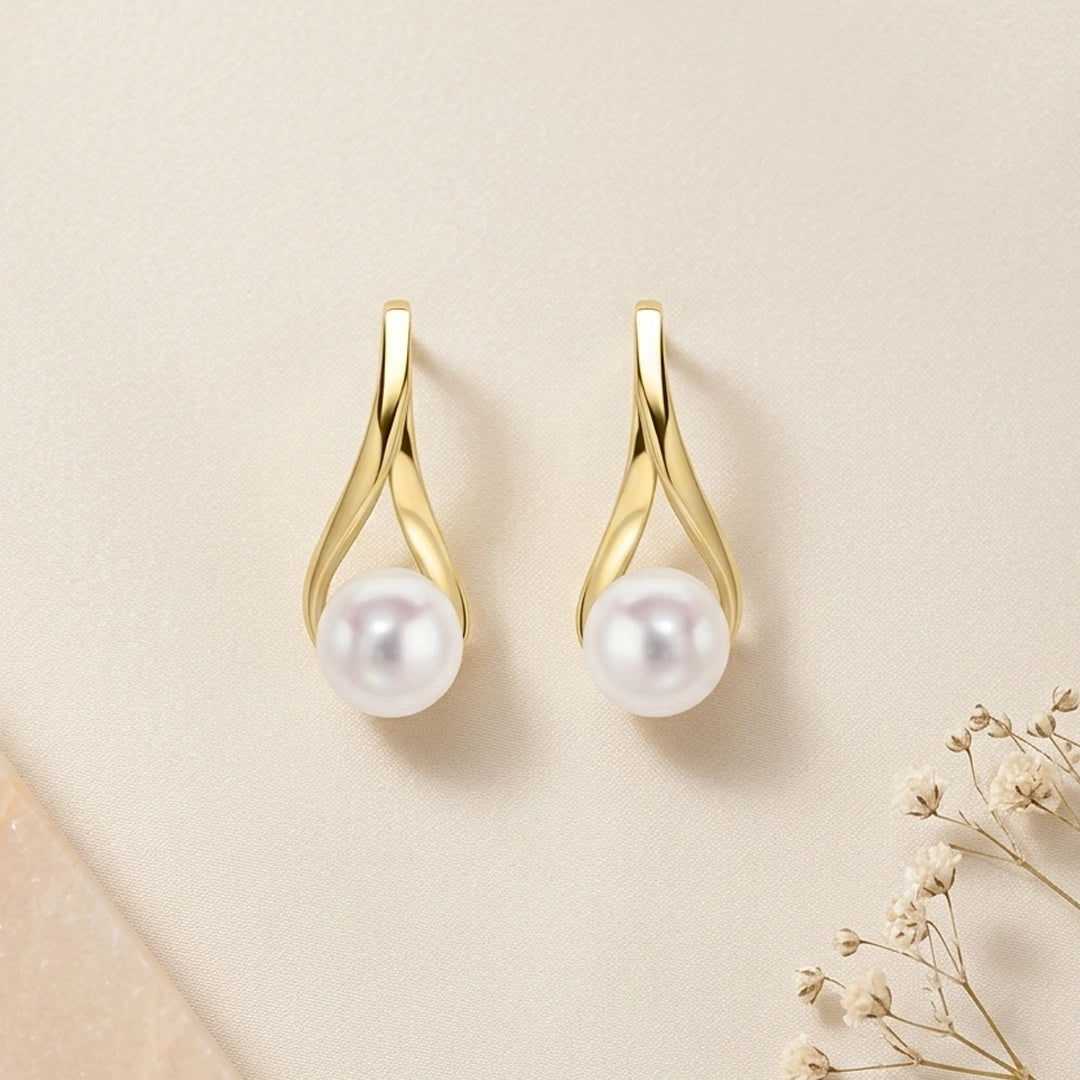 9ct Yellow gold Freshwater Pearl Ribbon Twist Stud Earrings