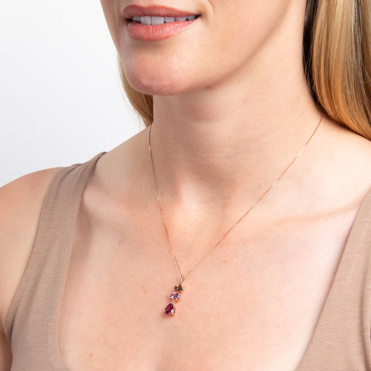 9ct Rose Gold Multi Precious Stones Drop Pendant