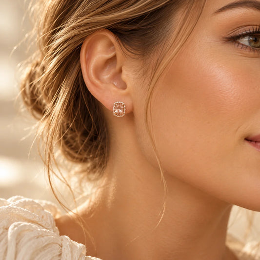 9ct Rose Gold Pink Morganite and Diamond Halo Stud Earrings 9ct Rose Gold Pink Morganite and Diamond Halo Stud Earrings