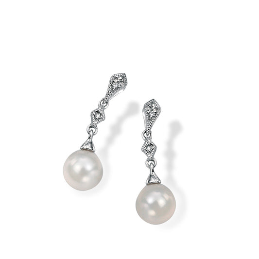 9ct White Gold Pearl Diamond Drop Earrings White Gold 9ct White Gold Pearl Diamond Drop Earrings White Gold