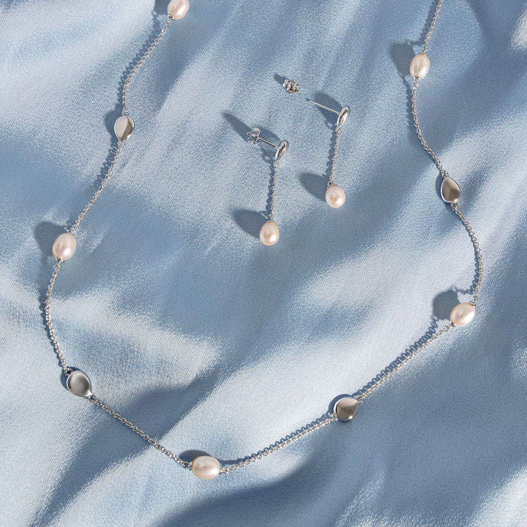 Kit Heath Sterling Silver Coast Pebble Pearl Chain Stud Drop Earrings