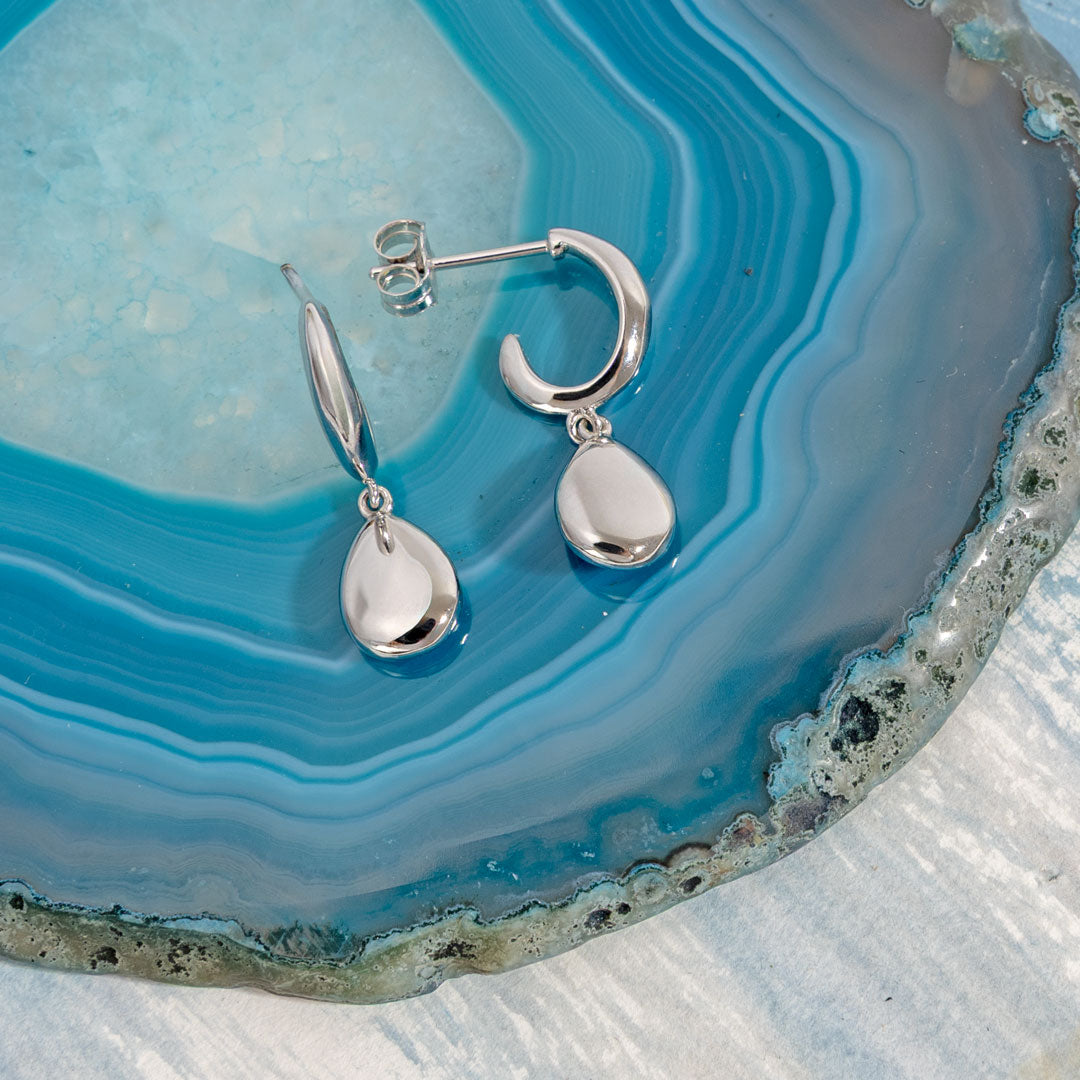 Kit Heath Sterling Silver Coast Pebbles Semi Hoop Stud Drop Earrings