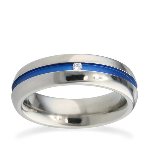 6mm Navy Blue Groove Pattern Titaninum Diamond Ring White Gold 6mm Navy Blue Groove Pattern Titaninum Diamond Ring White Gold