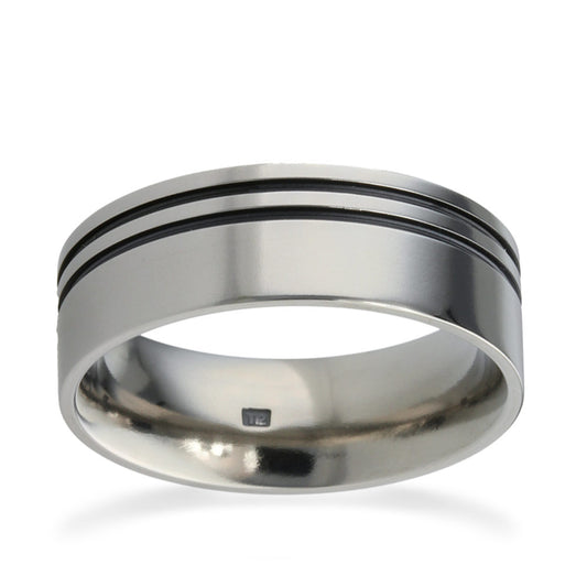 8mm Twin Infinite Black Groove Titanium Ring White Gold 8mm Twin Infinite Black Groove Titanium Ring White Gold