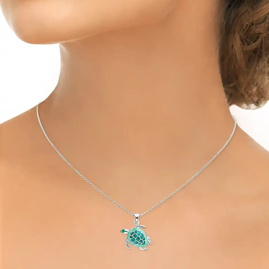 Nicole Barr Aqua Green Enamel Sea Turtle Silver Pendant