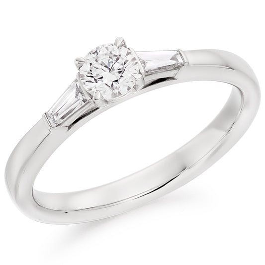 Trilogy Set Round Engagement Ring With Tapered Baguette Side Stones - TRL25657 SMT White Gold Trilogy Set Round Engagement Ring With Tapered Baguette Side Stones - TRL25657 SMT White Gold