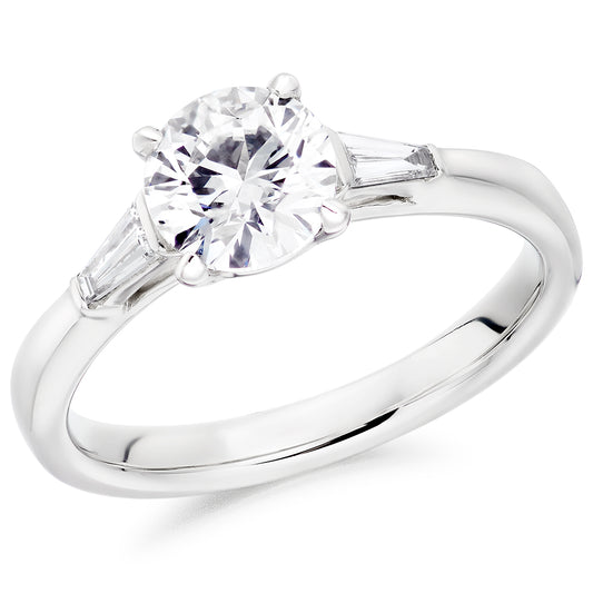 Trilogy Set Round Engagement Ring With Tapered Baguette Side Stones - TRL25662 SMT White Gold Trilogy Set Round Engagement Ring With Tapered Baguette Side Stones - TRL25662 SMT White Gold