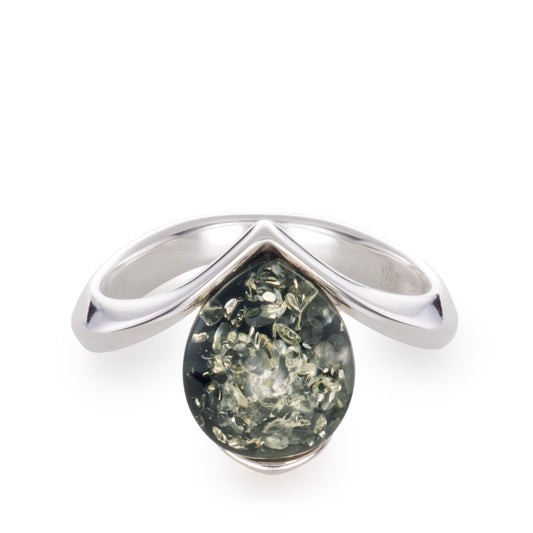 Luminor Sterling Silver Orgainc Oval Green Baltic Amber Band Ring White Gold