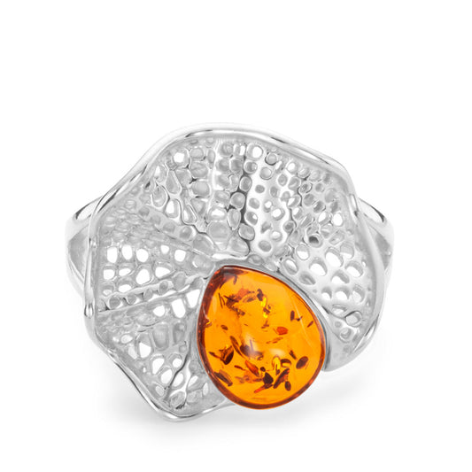 Eden Leaf Vein Ripple Halo Baltic Cognac Amber Ring White Gold