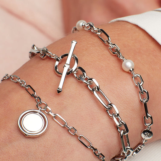 Kit Heath Revival Astoria Figaro Chain T-bar Sterling Silver Bracelet White Gold