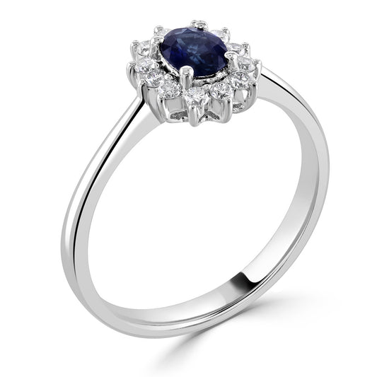 Oval Blue Sapphire Starburst Halo Diamond Engagement Ring White Gold