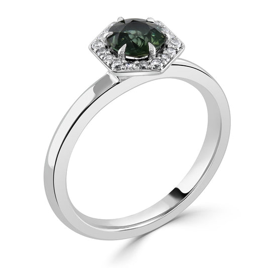 Platinum Hexagon Halo Teal Sapphire and Diamond Engagement Ring White Gold