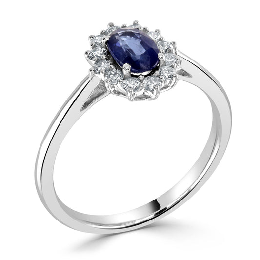 0.60ct Oval Blue Sapphire Halo Diamond Ring White Gold