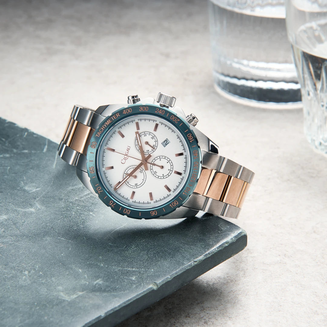 Clogau Brenig  Stainless Steel Mens Rose Gold Platted Blue Bezel Watch