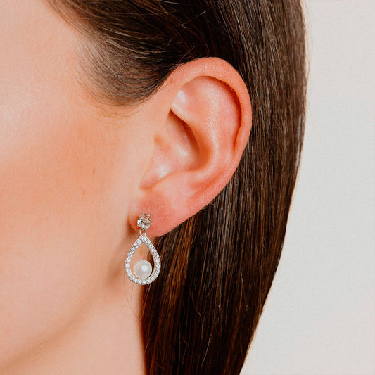 DiamonFire Teardrop PaveSet Zirconia Pearl Drop Earrings White Gold
