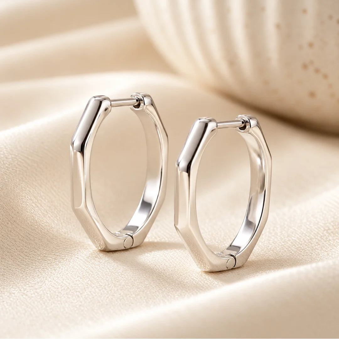 Facet Oval Sterling Silver Hoop Earrings