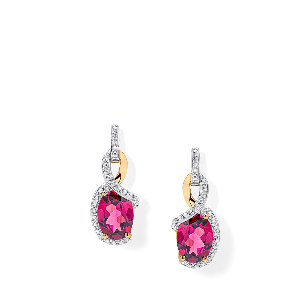 9ct Yellow and White Gold Elegant Twist Garnet Drop Earrings