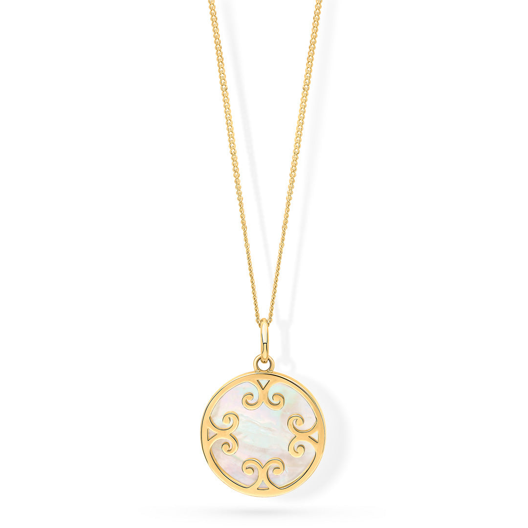 9ct Yellow Mother Pearl Inlay Filigiri Round Disc Pendant