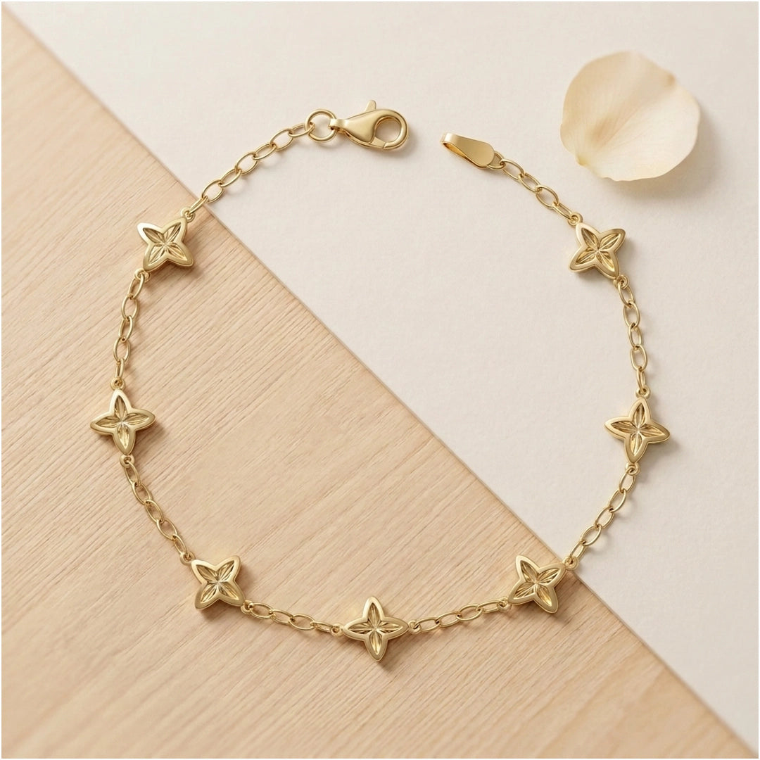 9ct Yellow Gold Textured Flower Station Bracelet