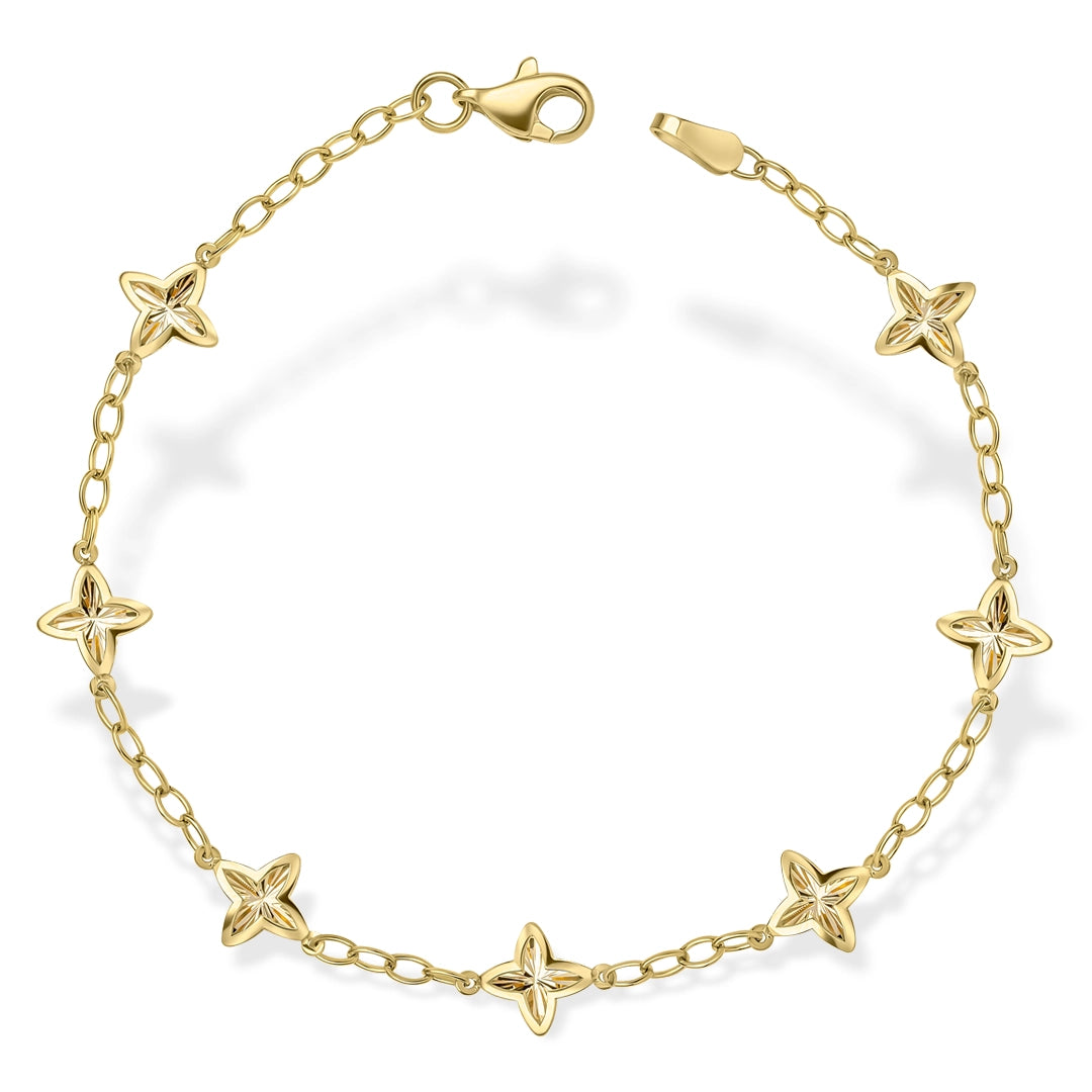 9ct Yellow Gold Textured Flower Station Bracelet