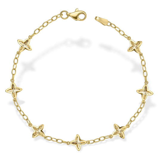 9ct Yellow Gold Textured Flower Station Bracelet