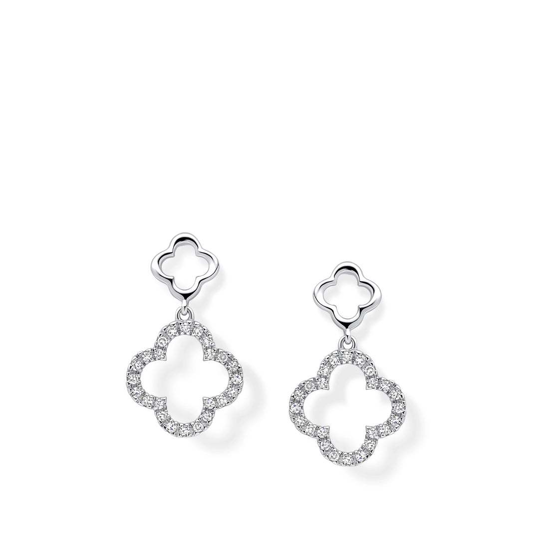 9ct White Gold Quatrefoil Diamond Drop Earrings