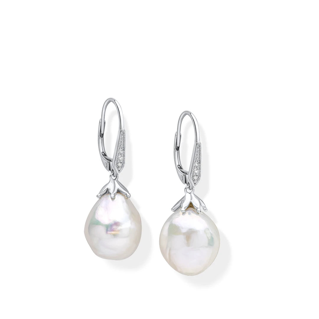9ct White Gold White Topaz Baroque Pearl Drop Earrings