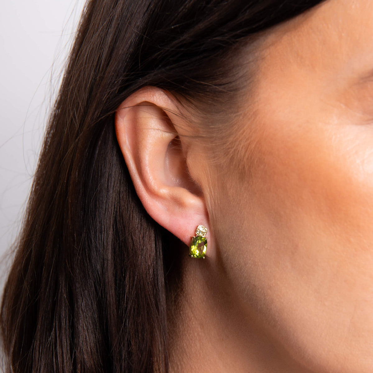 9ct Yellow Gold Cushion Peridot and Diamond Stud Earrings