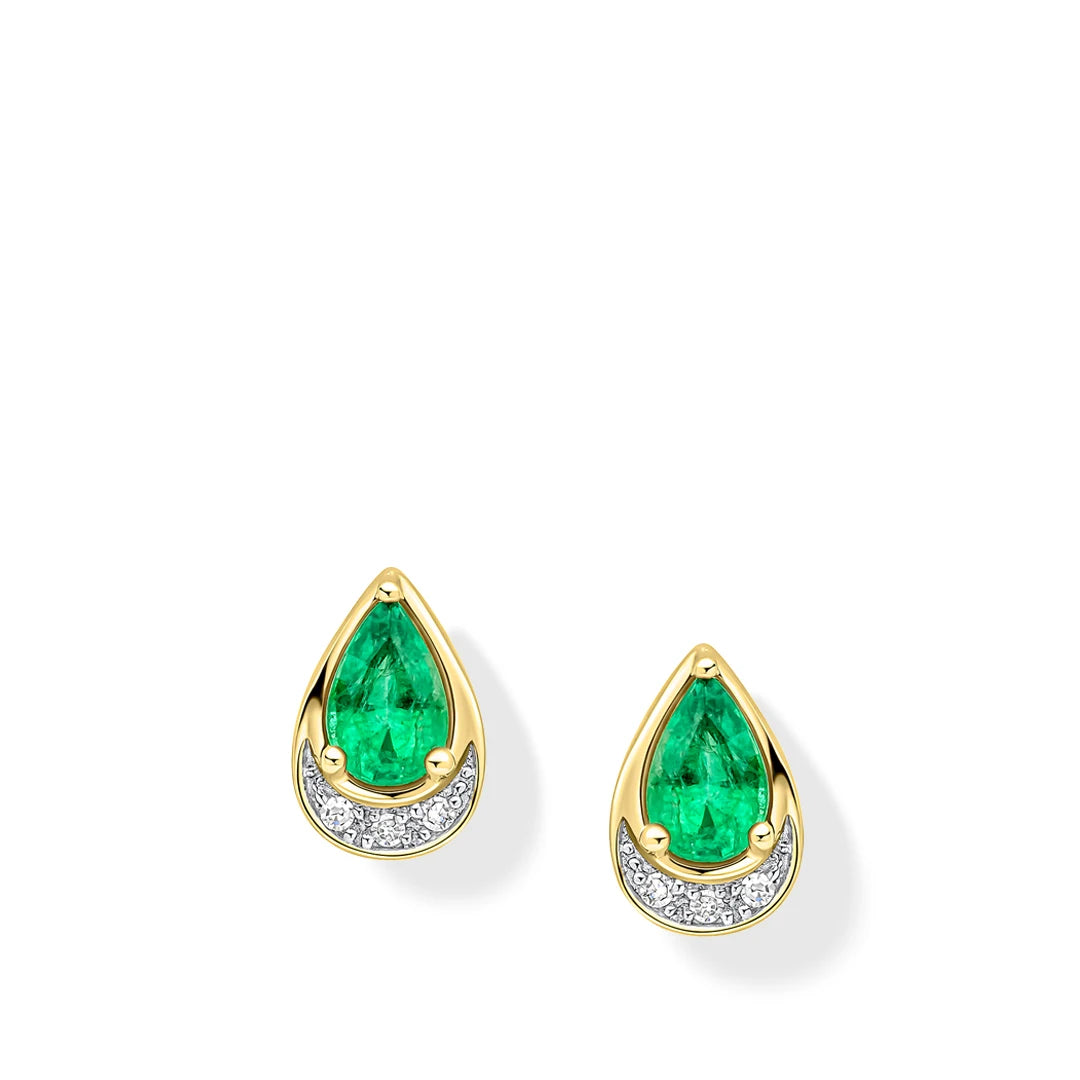 9ct White Gold Emerald Diamond Teardrop Stud Earrings
