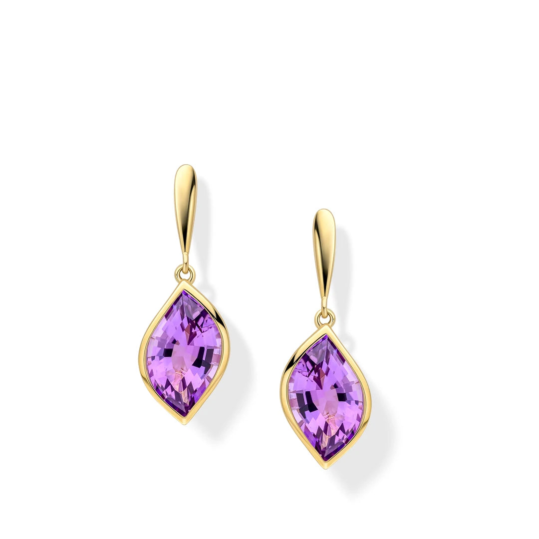 9ct Yellow Gold Flame Cut Amethyst Earrings