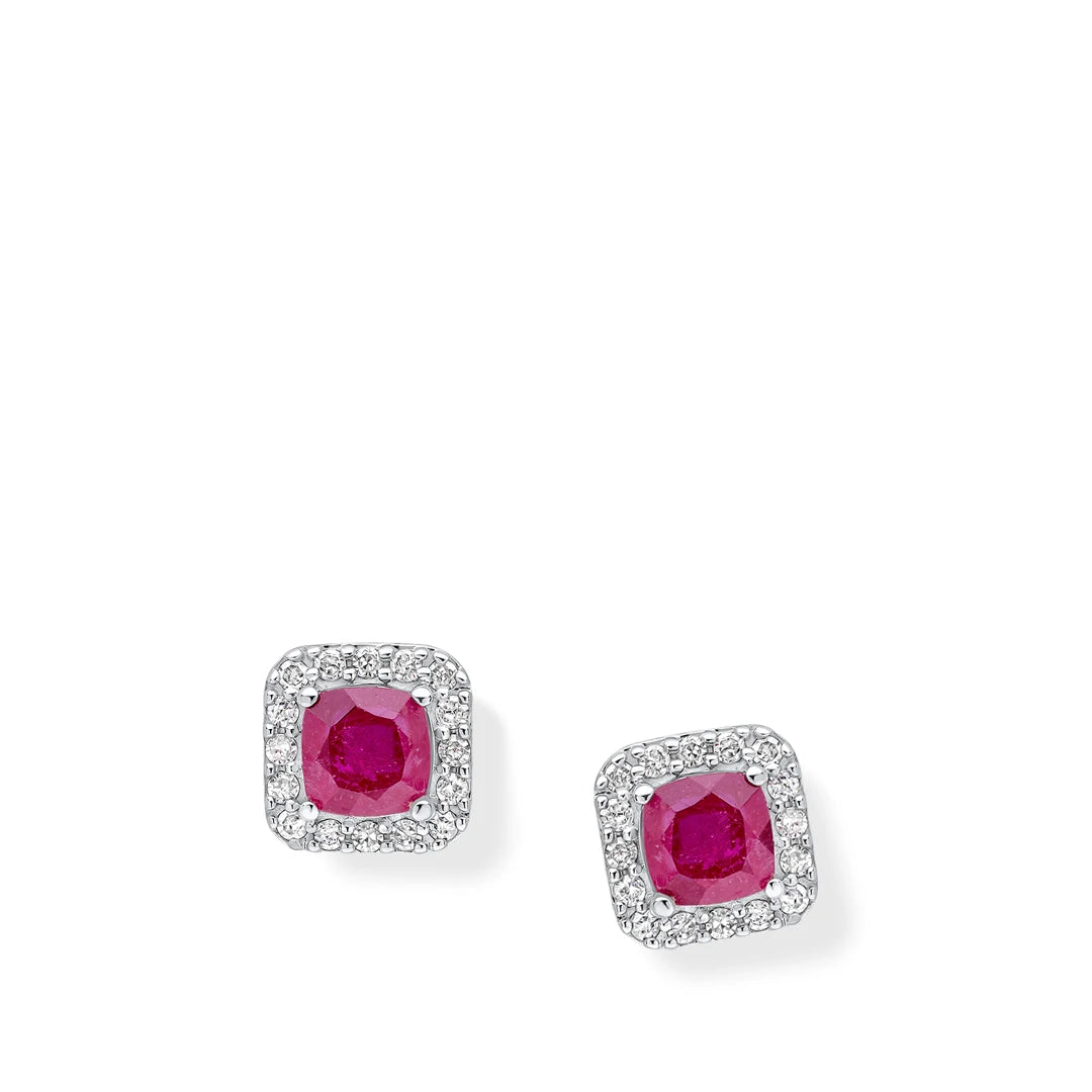 9ct White Gold Ruby and Diamond Cushion Halo Stud Earrings