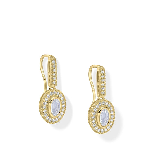 9ct Yellow Gold Halo Moonstone and White Topaz Drop Earrings