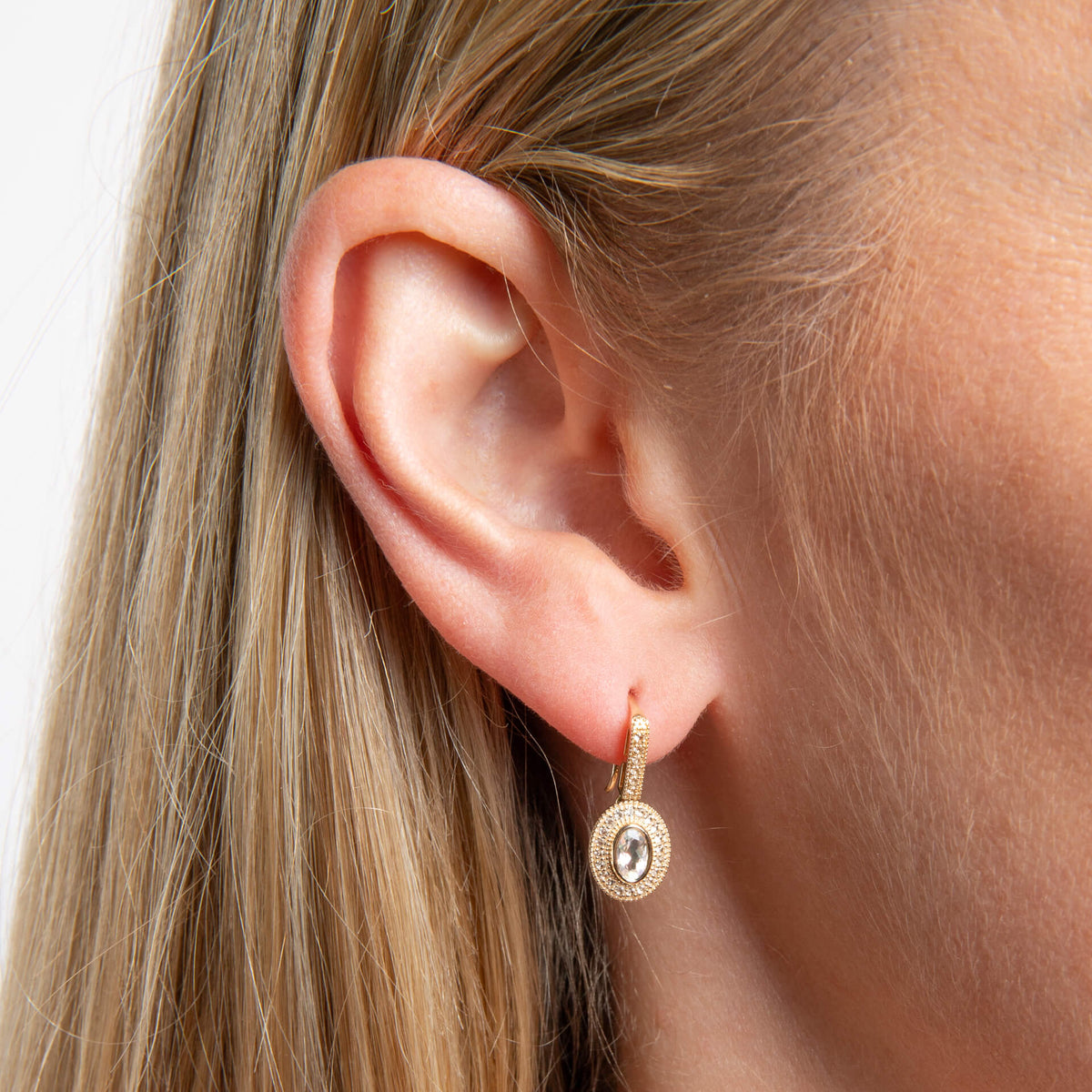 9ct Yellow Gold Halo Moonstone and White Topaz Drop Earrings