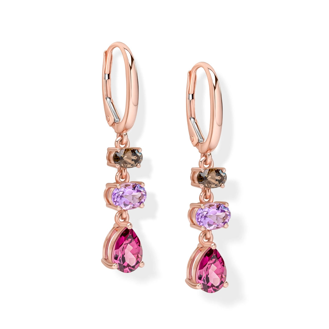 9ct Rose Gold Multi Precious Stones French Hook Drop Earrings