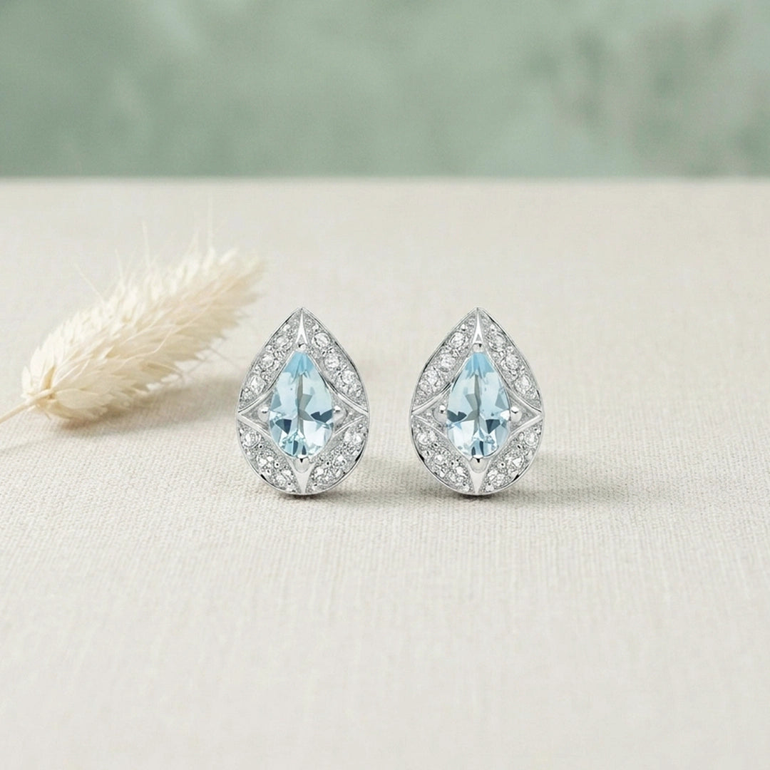 9ct White Gold Art Deco Aquamarine and White Topaz Stud Earrings