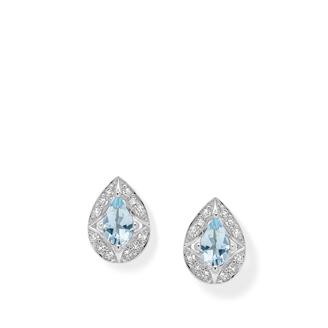 9ct White Gold Art Deco Aquamarine and White Topaz Stud Earrings