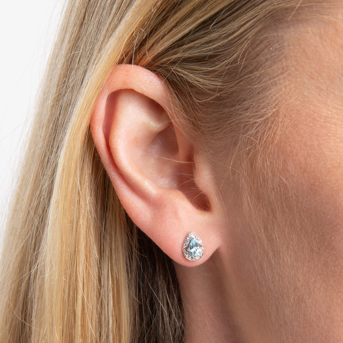 9ct White Gold Art Deco Aquamarine and White Topaz Stud Earrings