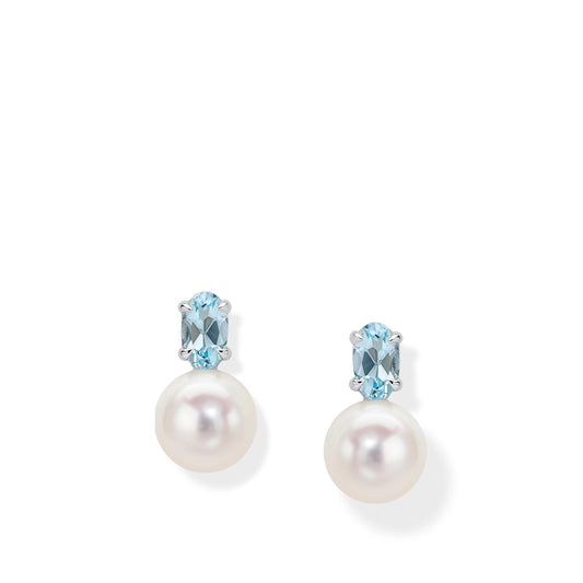 9ct White Gold Freshwater Pearl and Sky Blue Topaz Stud Earrings