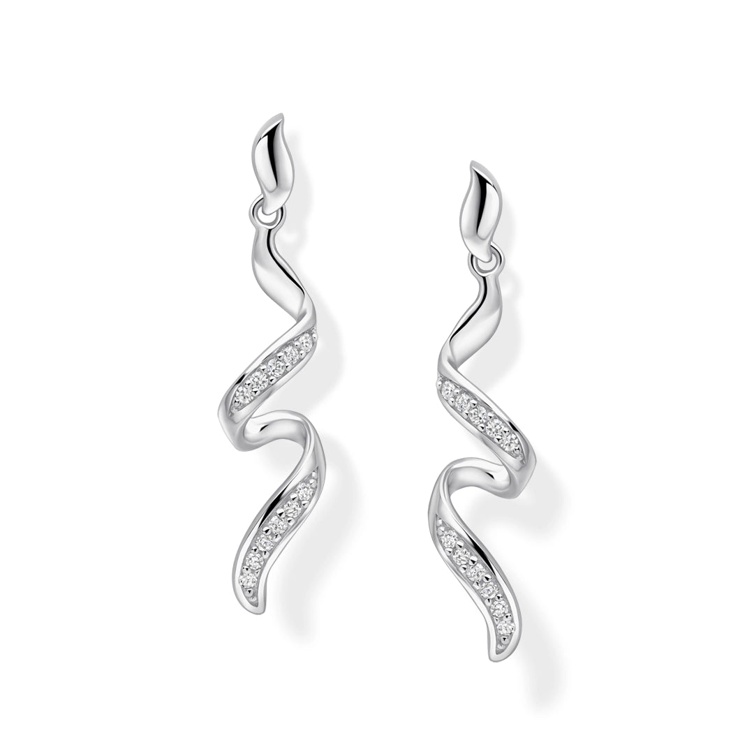 9ct White Gold Twisted Ribbon Diamond Drop Earrings