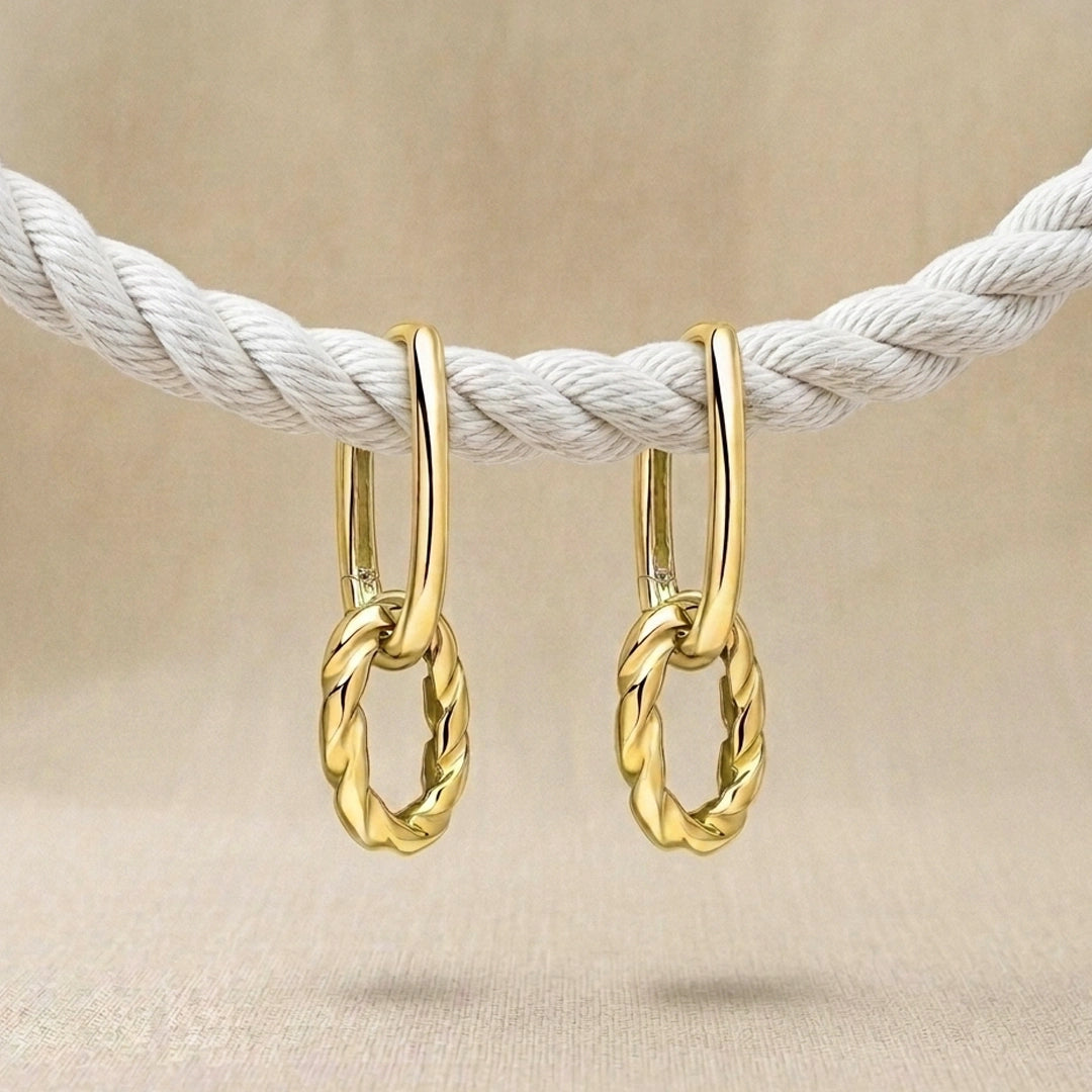 9ct Yellow Gold Rope Twist Drop Hoop Earrings