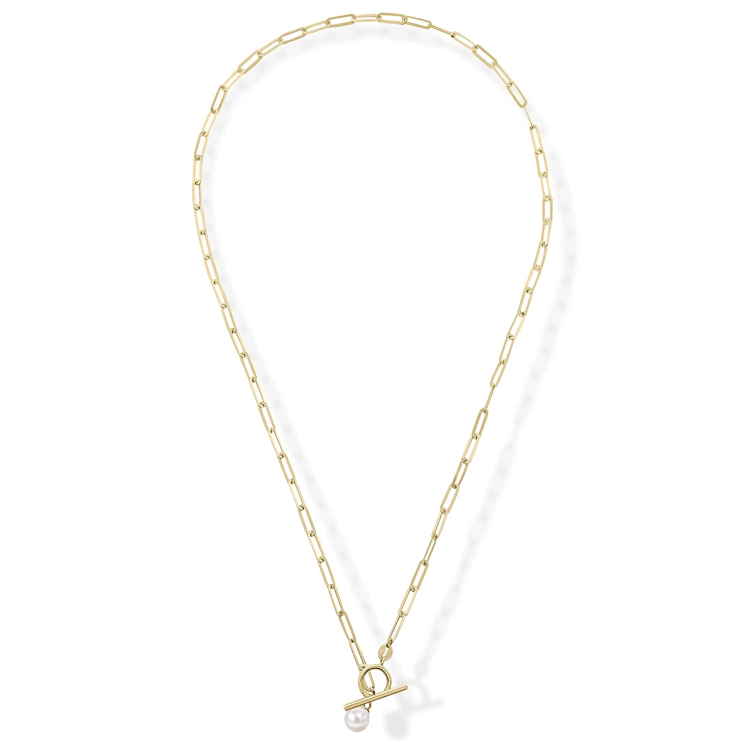 9ct Yellow Gold T-Bar Pearl Charm  Necklace